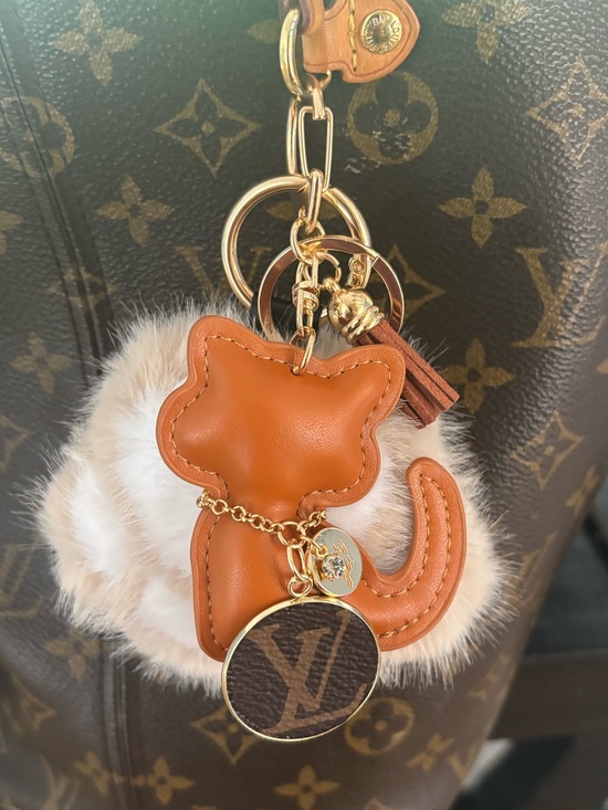 Handmade Accessories - Louis Vuitton Monogram, Tan Cat, Paw Pom Pom, Bag Charm 6 inches